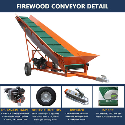 Firewood Conveyor 6.5HP 208cc Gasoline Powered 19.7" Width PVC Belt Wood Conveyor Lifter Elevator with B&S Engine