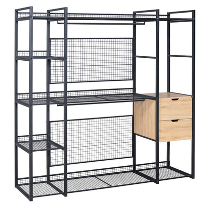 Open-Style Wardrobe with Hanging Rails, Shelves and Drawers, Black