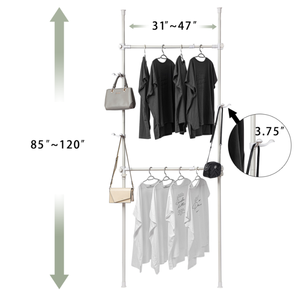 Telescopic Garment Rack, Heavy Duty Design Movable DIY By Hand No Damage to Wall Ceiling Hanging Rail, 31-47in Wide Adjustable, 120 Kilogram Loading, Reach Hook Included, White