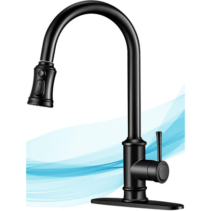 Kitchen Faucet- 3 Modes Pull Down Sprayer Kitchen Tap Faucet Head, Single Handle&Deck Plate for 1or3 Holes, 360° Rotation, Stainless Steel No Lead for RV Bar Home, Black