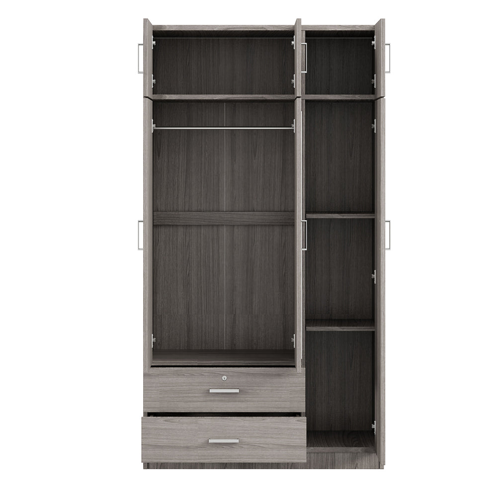 3-Door Mirror  Wardrobe with 2 Drawers and Top Cabinet,Gray