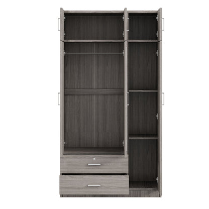 3-Door Mirror  Wardrobe with 2 Drawers and Top Cabinet,Gray