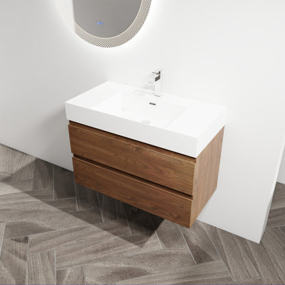 36" Wall-Mounted Bathroom Vanity With Resin Sink, 2-Soft Close Drawers, KD-Package