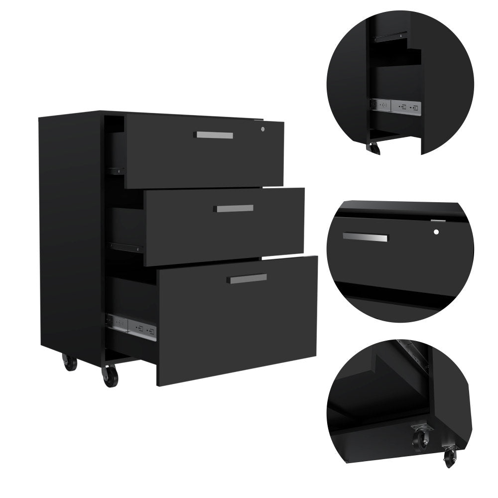 MultisStorage Cabinet 35" H, Three Drawers, Four Wheels, Black