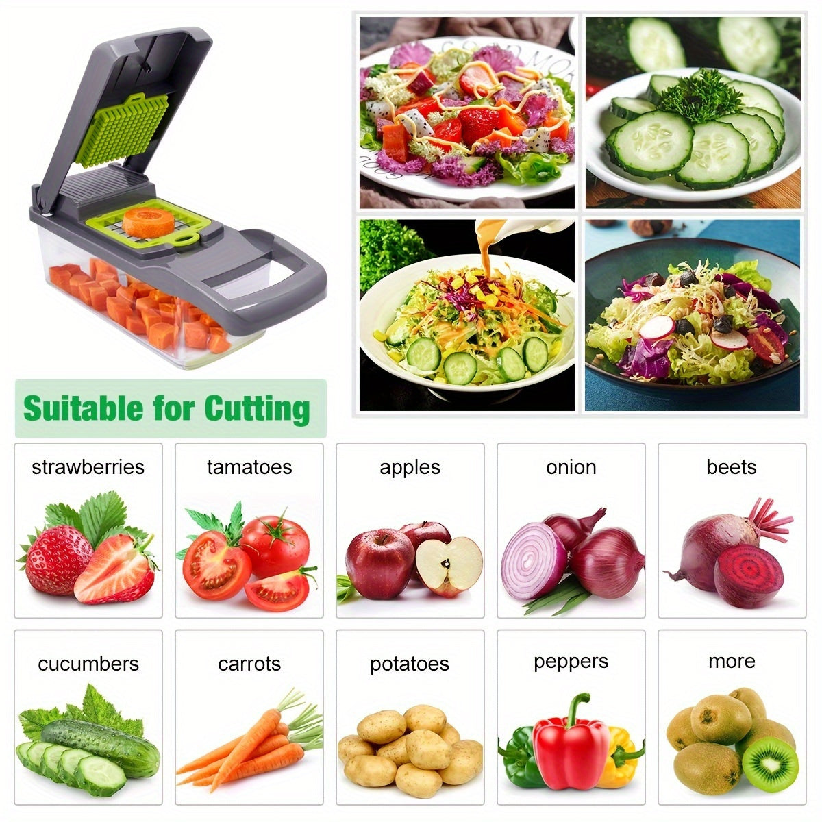 1 Stainless Steel Vegetable Cutter Set - Versatile Manual Food Cutter with Interchangeable Blade, Onion Shredder, Fruit Slicer and Sharpener, Kitchen Gadget Set with Handle and Storage Container