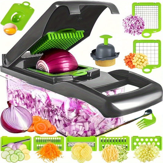 1 Stainless Steel Vegetable Cutter Set - Versatile Manual Food Cutter with Interchangeable Blade, Onion Shredder, Fruit Slicer and Sharpener, Kitchen Gadget Set with Handle and Storage Container