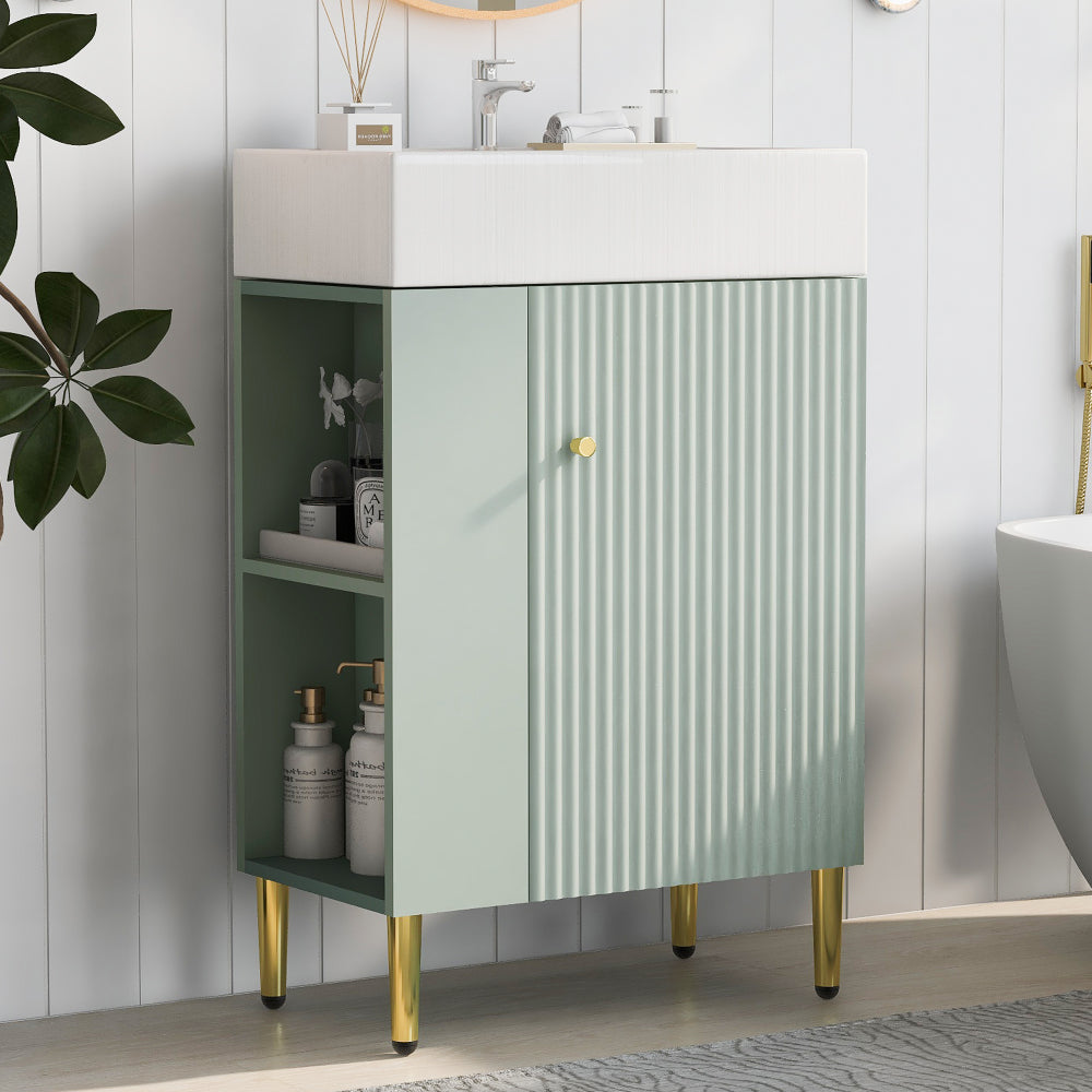 21.6" Green Bathroom vanity, Combo Cabinet, Bathroom Storage Cabinet, Single Ceramic Sink, Right side storage