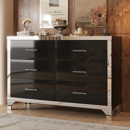 Elegant High Gloss Dresser with Metal Handle,Mirrored Storage Cabinet with 6 Drawers for Bedroom,Living Room,Black