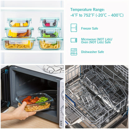 8-Piece glass food storage container, meal preparation, sealed bento box with leak-proof lock lid, suitable for microwave ovens, lunch boxes, ovens, refrigerators and dishwashers, free of BPA