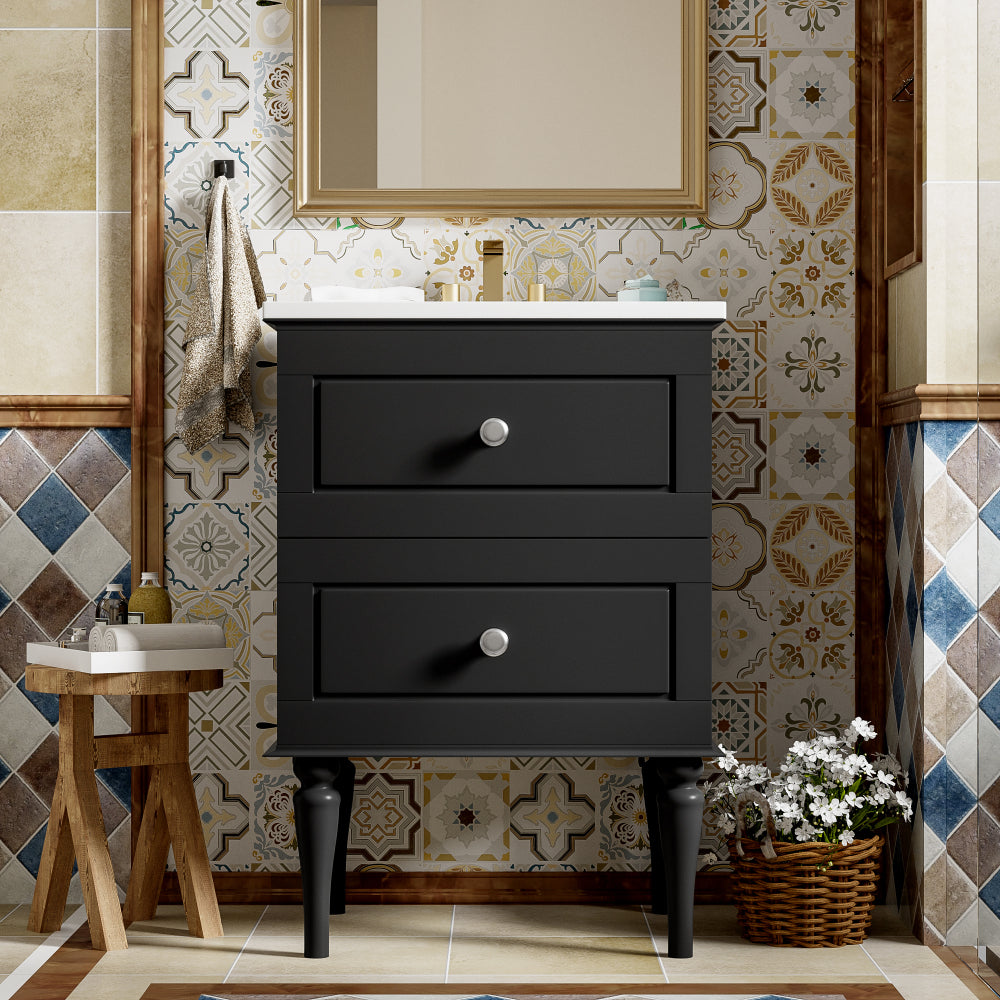 24'' Bathroom Vanity Cabinet with Ceramic Sink Combo Set, Solid Wood Frame Modern Bathroom Storage Cabinet with 2 Drawers, Black