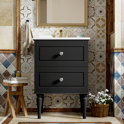 24'' Bathroom Vanity Cabinet with Ceramic Sink Combo Set, Solid Wood Frame Modern Bathroom Storage Cabinet with 2 Drawers, Black