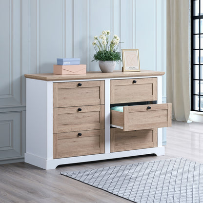 AUTUMN Modern 6 Drawer Master Dresser with Interlock Drawer Feature – Drawer Slide And Interlock Pre-Assembly, Wide Dressers for Bedroom 6 Deep Drawers for Closet Organizer -  Easy Assembly, White/Oak