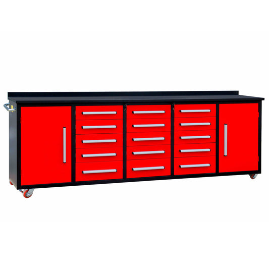 10ft Storage Cabinet with Work Bench (15 Drawers & 2 Cabinets) Red