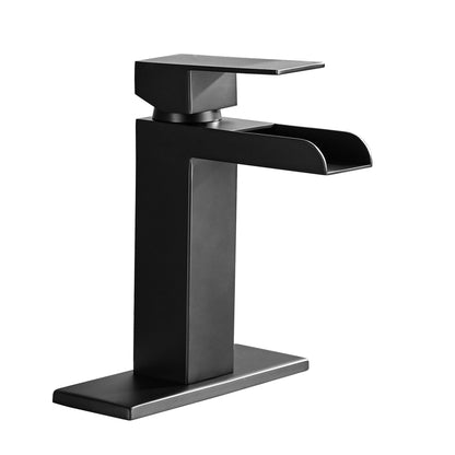 Waterfall Bathroom Faucet Black Single Handle Bathroom Sink Faucets 1 or 3 Hole Solid Vanity Faucet with Deck Plate & Overflow Pop Up Drain Matte Black