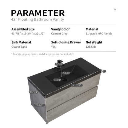 42" Floating Bathroom Vanity with Sink, Modern Wall-Mounted Bathroom Storage Vanity Cabinet with Black Quartz Sand Top Basin and Soft Close Drawers, EDI-Series Cement Grey 24V12-42GR