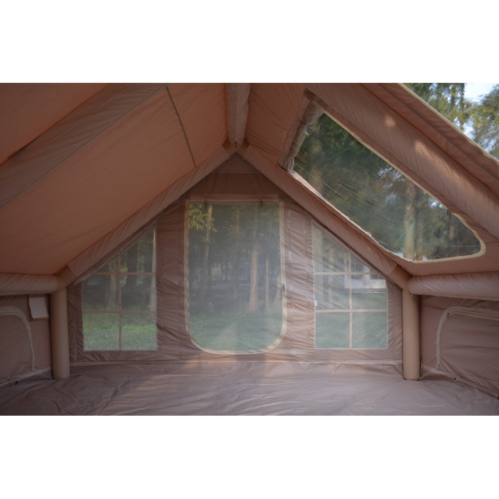 9.8 x13ft  Inflatable Camping Tents with Hand Pump, Air Glamping Tents, Easy Setup Waterproof and Windproof Blow up Tent, 4 Seasons Oxford Cabin Tent with Mesh & Chimney Window. Beige