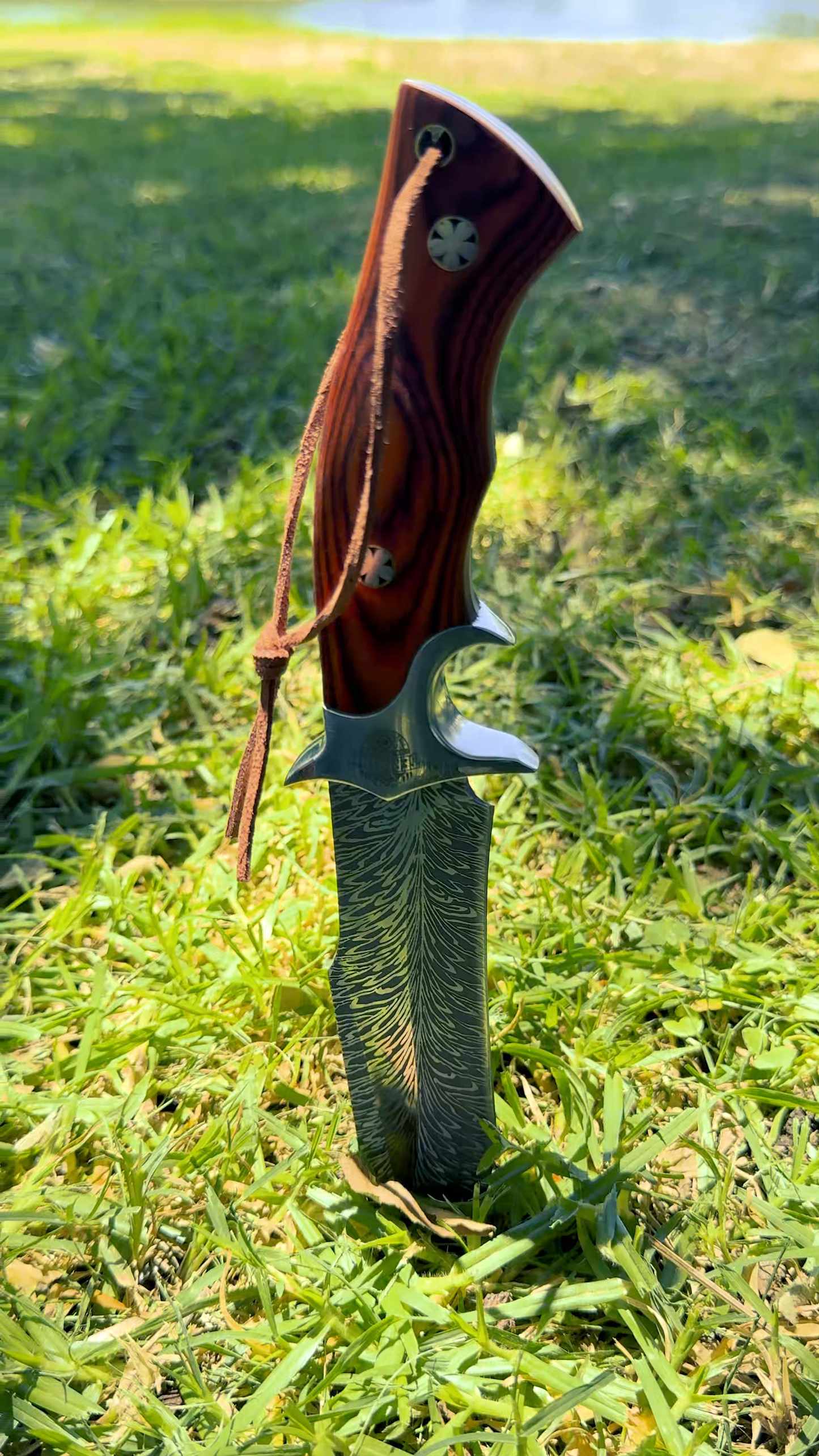 TerrainX Fixed Blade Knife with Etched Damascus-Style Pattern and Leather Sheath