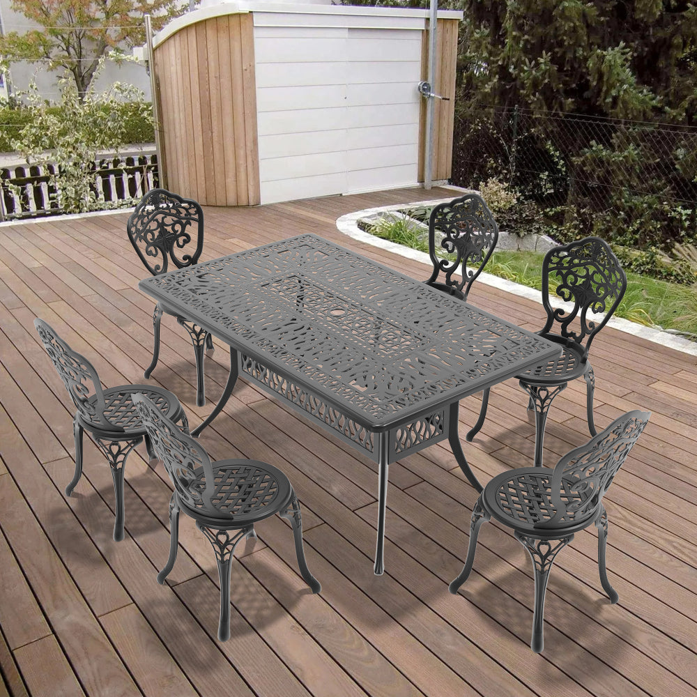 L58.27*W34.65-inch Cast Aluminum Patio Dining Table With Black Frame and Umbrella Hole