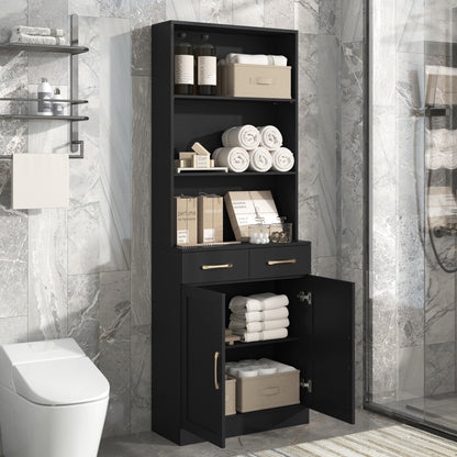 Bathroom Storage Cabinet, Cabinet with Two Doors and Drawers, Adjustable Shelf, Three-layer Open Shelf, MDF Board, Black