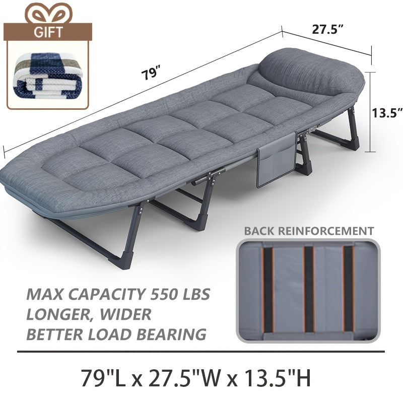 79 "oversized folding bed camping bed, lightweight guest bed, 6-position adjustable bed with comfortable mattress and pillow, breathable fabric, thick steel frame, portable and durable, suitable for outdoor, home, office, garden, courtyard.