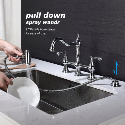 Bridge Dual Handles Kitchen Faucet With Pull-Out Side Spray in