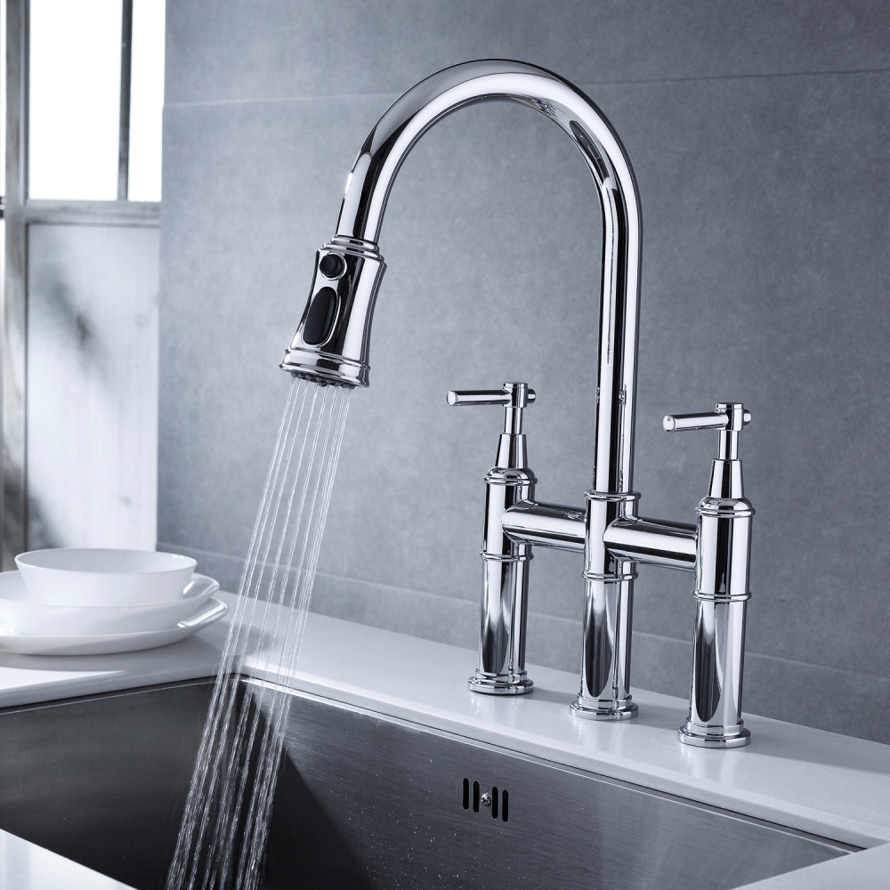 Bridge Kitchen Faucet with Pull-Down Sprayhead in Spot