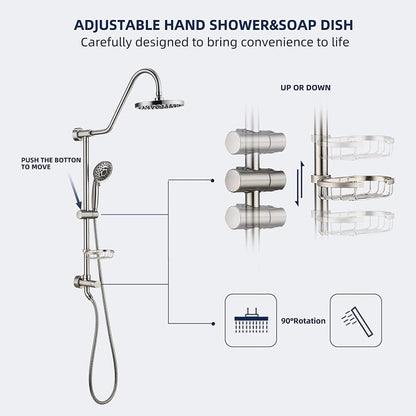 Shower System with Rain Showerhead, 5-Function Hand Shower, Adjustable Slide Bar and Soap Dish for Bathroom Shower Faucet Set, Brushed Nickel Finish