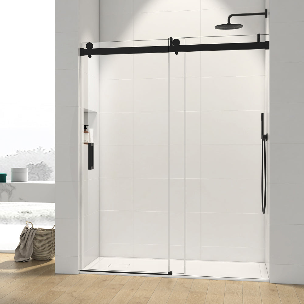 68-72 x 76 Inch Single Sliding Frameless Shower Door in Matte Black with Soft-Closing and 3/8 Inch Clear Glass