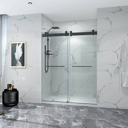 56-60 x 76 Inch Double Sliding Frameless Shower Door in Matte Black with Soft-Closing and 3/8 Inch Clear Glass