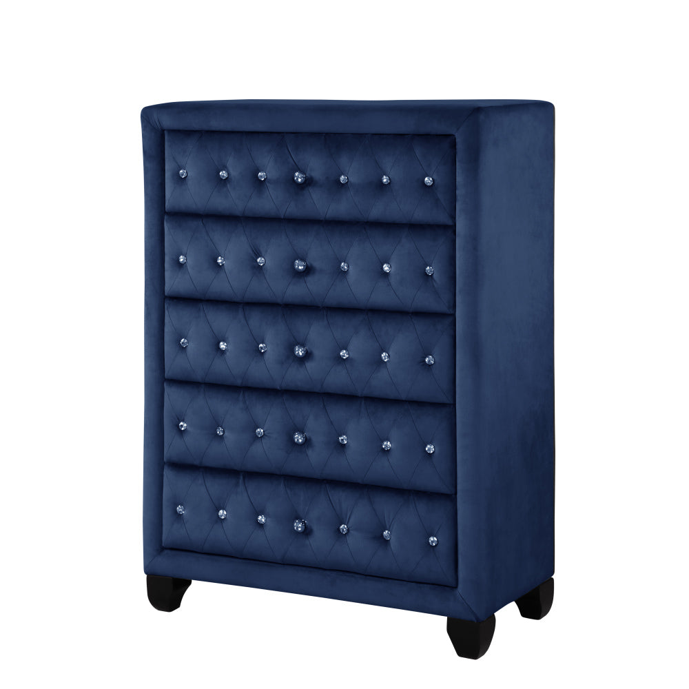 Modern Style Crystal Tufted Upholstery 5-Drawer Chest finished with Velvet Fabric made with Wood in Blue