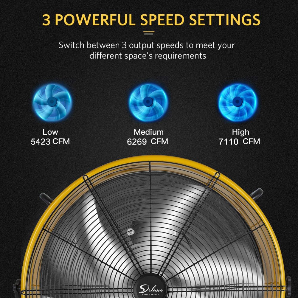 Simple Deluxe 30 Inch Heavy Duty Metal Industrial Drum Fan, 3 Speed Air Circulation for Warehouse, Greenhouse, Workshop, Patio, Factory and Basement - High Velocity , Yellow
