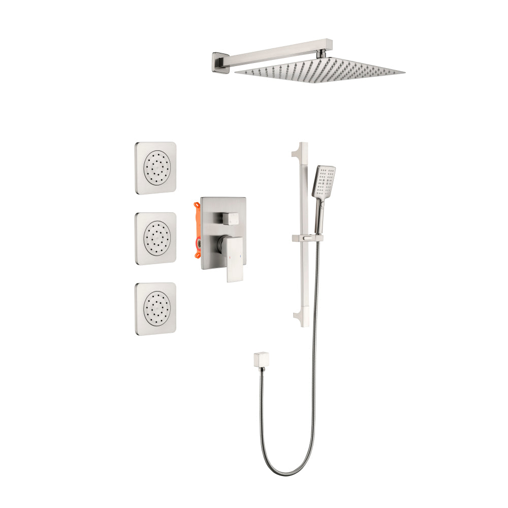 Shower System with Shower Head, Hand Shower, Slide Bar, Bodysprays, Shower Arm, Hose, Valve Trim, and Lever Handles
