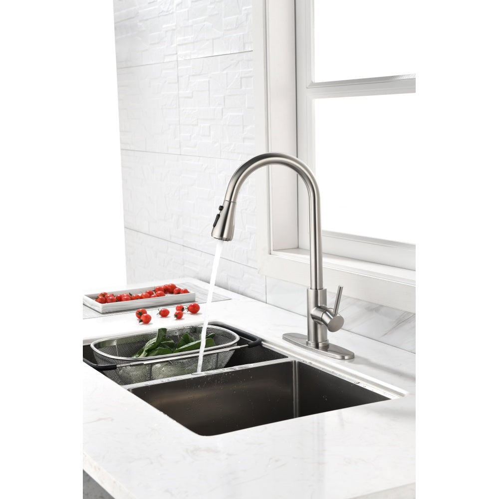 Single Handle High Arc Brushed Nickel Pull Out Kitchen Faucet,Single Level Stainless Steel Kitchen Sink Faucets with Pull Down Sprayer