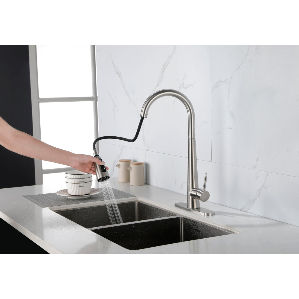 Kitchen Faucet with Pull Down Sprayer Brushed Nickel, High Arc Single Handle Kitchen Sink Faucet with Deck Plate, Commercial Modern Stainless Steel Kitchen Faucets