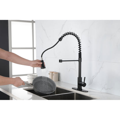 Commercial Spring Kitchen Faucets Matte Black with Pull Out Sprayer,  Stainless Steel Single Handle One Hole Kitchen Sink Faucet, Industrial 3-Hole Sink Faucet for Camper Laundry Bar,