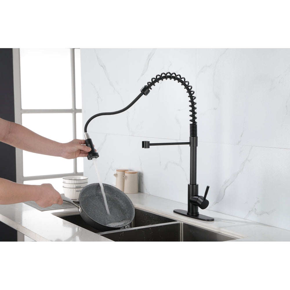 Commercial Spring Kitchen Faucets Matte Black with Pull Out Sprayer,  Stainless Steel Single Handle One Hole Kitchen Sink Faucet, Industrial 3-Hole Sink Faucet for Camper Laundry Bar,