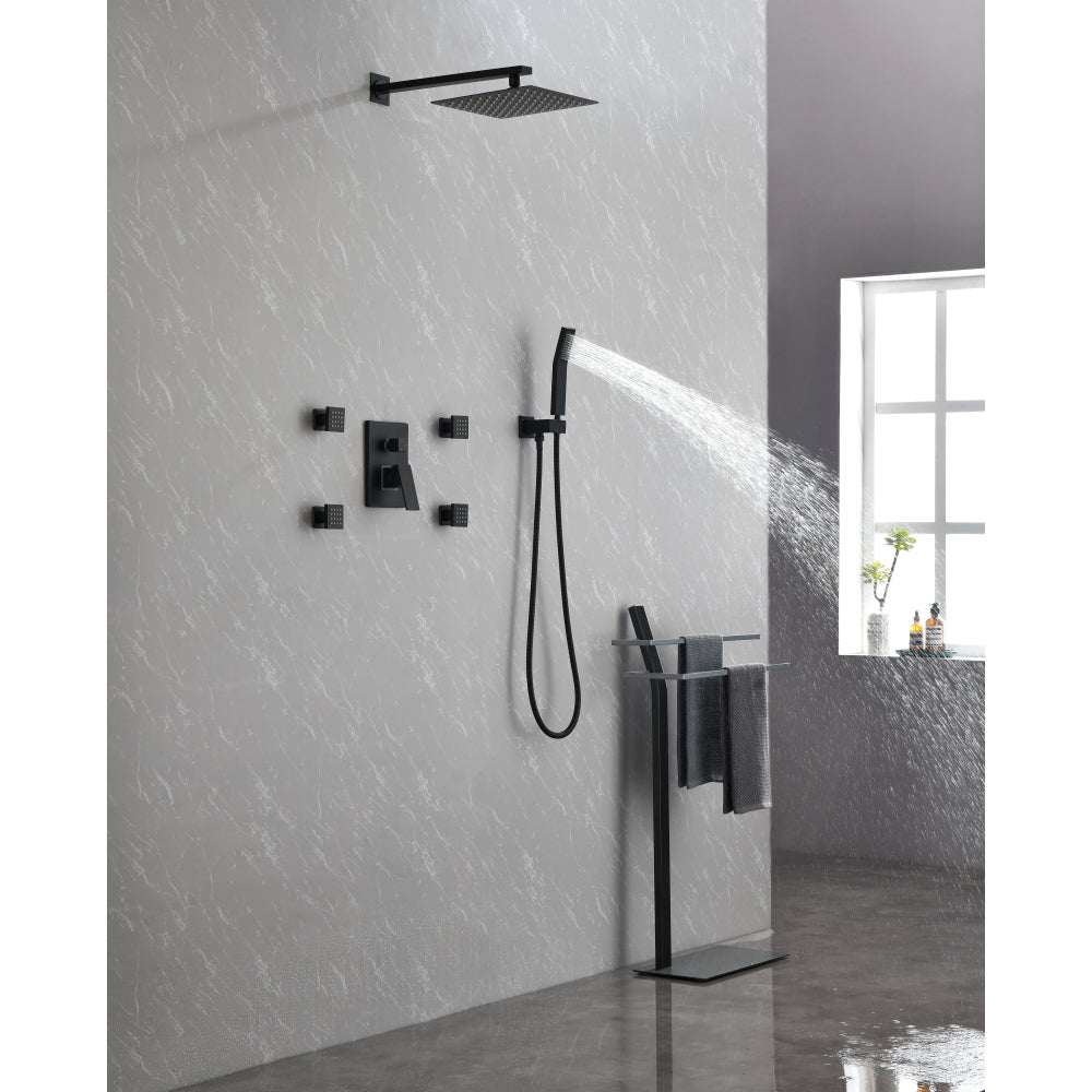 Shower System, 10-Inch Matte Black Full Body Shower System with Body Jets, Square Rainfall Shower Head, Handheld Shower, and 3 Functions Pressure Balance Shower Valve, Bathroom Luxury Faucet Set.