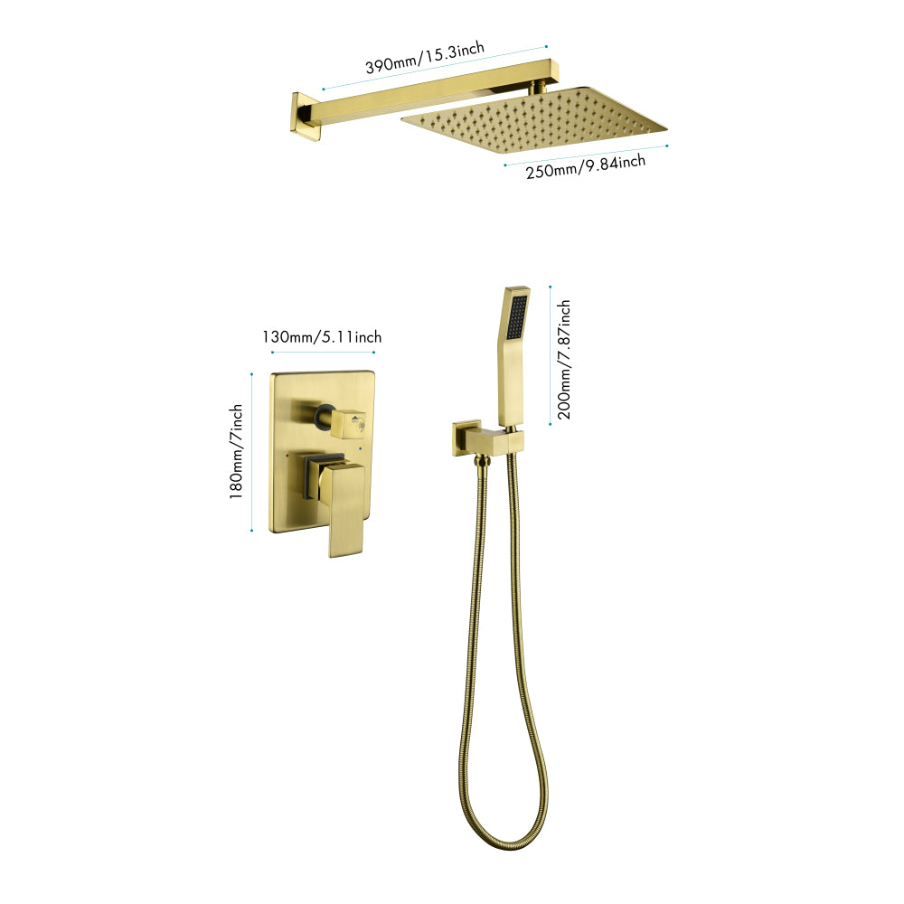 Brushed Gold Shower System, Bathroom 10 Inches Rain Shower Head with Handheld Combo Set, Wall Mounted High Pressure Rainfall Dual Shower Head System, Shower Faucet Set with Valve and Trim