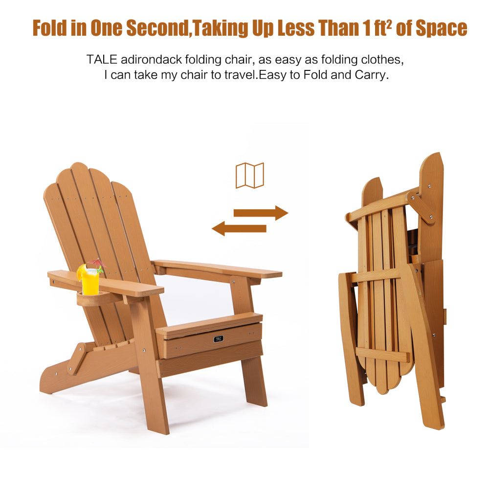 TALE Folding Adirondack Chair with Pullout Ottoman with Cup Holder, Oversized, Poly Lumber,  for Patio Deck Garden, Backyard Furniture, Easy to Install,BROWN. Ban on Amazon