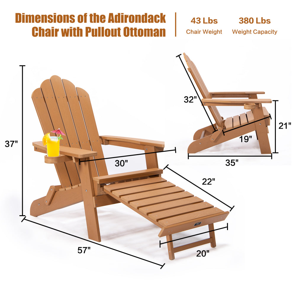 TALE Folding Adirondack Chair with Pullout Ottoman with Cup Holder, Oversized, Poly Lumber,  for Patio Deck Garden, Backyard Furniture, Easy to Install,BROWN. Ban on Amazon