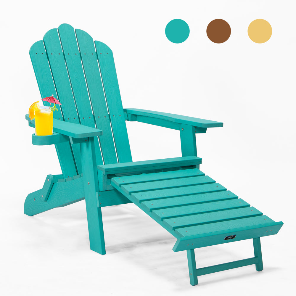 TALE Folding Adirondack Chair with Pullout Ottoman with Cup Holder, Oversized, Poly Lumber,  for Patio Deck Garden, Backyard Furniture, Easy to Install,BROWN. Ban on Amazon
