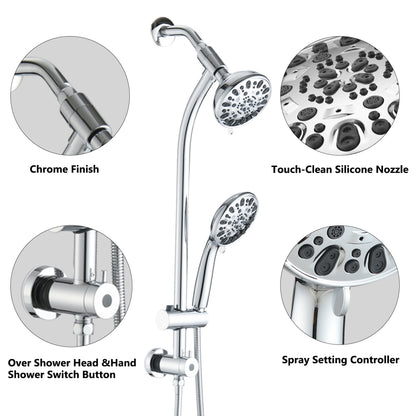 Drill-Free Stainless Steel Slide Bar Combo Rain Showerhead 7-Setting Hand, Dual Shower Head Spa System (Rough-in Valve Included)