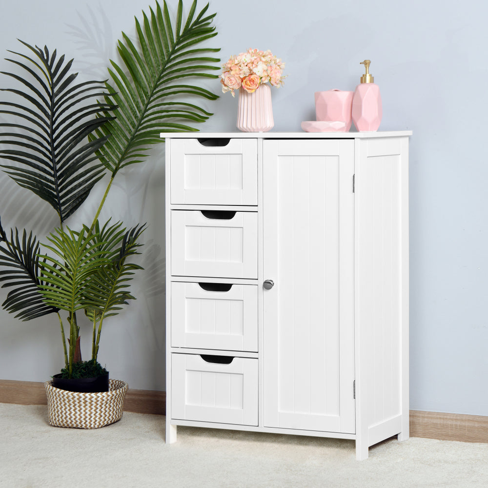 Bathroom Floor Storage Cabinet with Double Door Adjustable Shelf, White