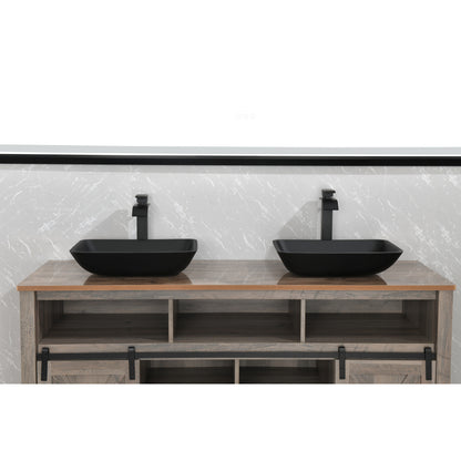 13.0" L -18.13" W -4" H Matte Shell Glass Rectangular Vessel Bathroom Sink in Black with Matte Black Faucet and Pop-Up Drain in Matte Black