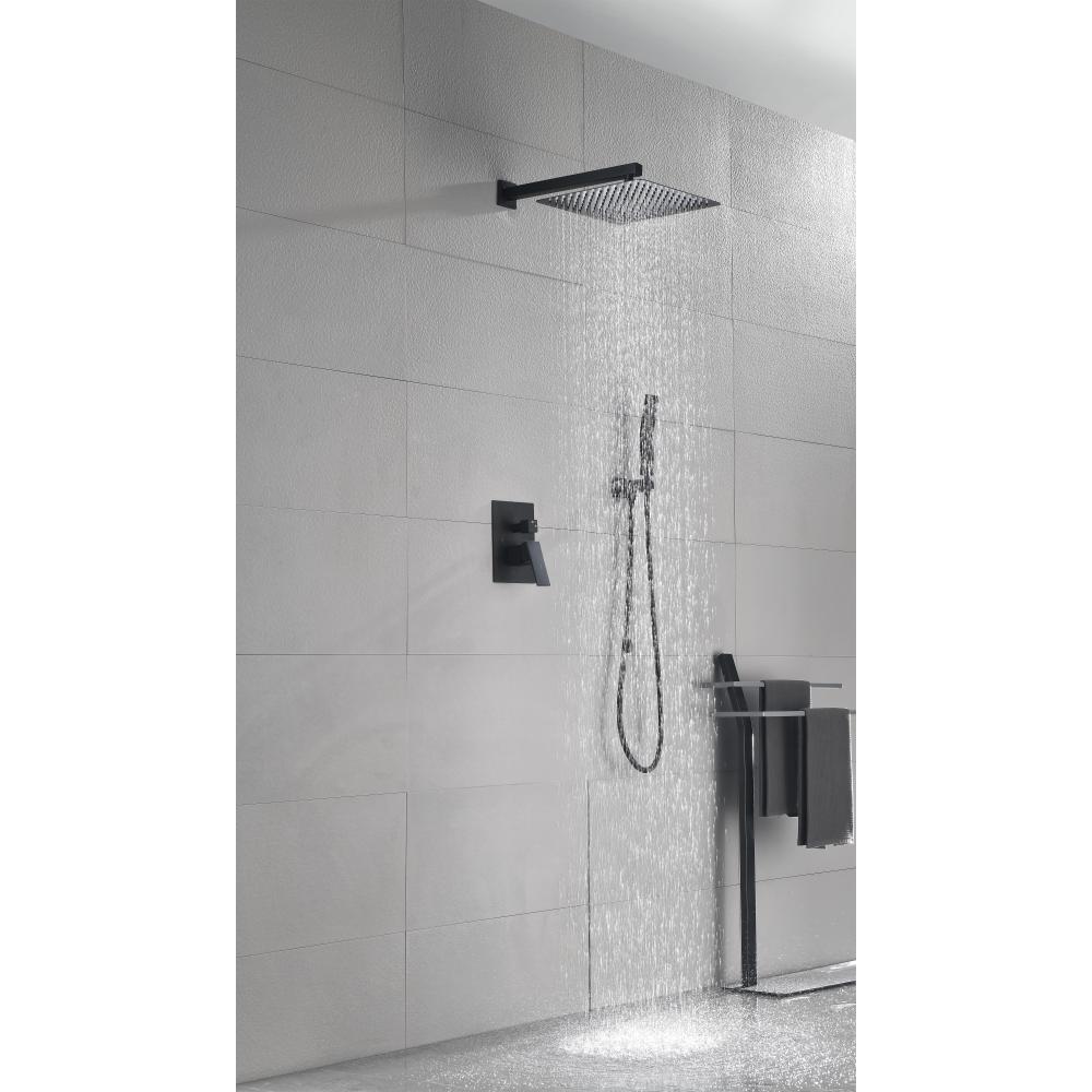 Shower System, 10-Inch Matte Black Full Body Shower System with Body Jets, Square Rainfall Shower Head, Handheld Shower, and 3 Functions Pressure Balance Shower Valve, Bathroom Luxury Faucet Set.