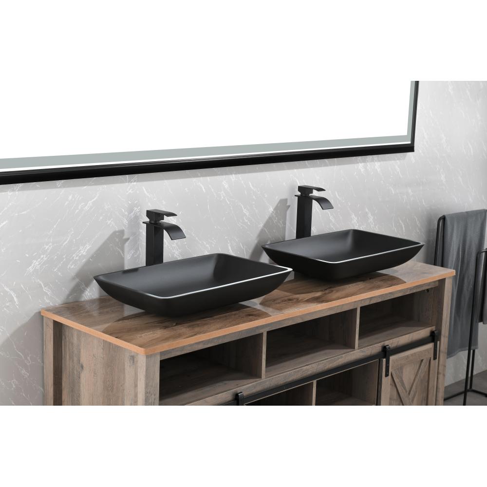 13.0" L -18.13" W -4" H Matte Shell Glass Rectangular Vessel Bathroom Sink in Black with Matte Black Faucet and Pop-Up Drain in Matte Black