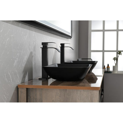 13.0" L -18.13" W -4" H Matte Shell Glass Rectangular Vessel Bathroom Sink in Black with Matte Black Faucet and Pop-Up Drain in Matte Black