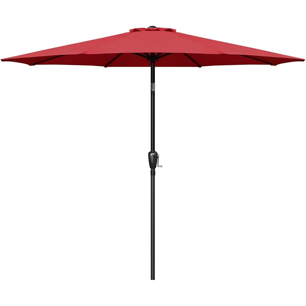 Simple Deluxe 9ft Outdoor Market Table Patio Umbrella with Button Tilt, Crank and 8 Sturdy Ribs for Garden, Red