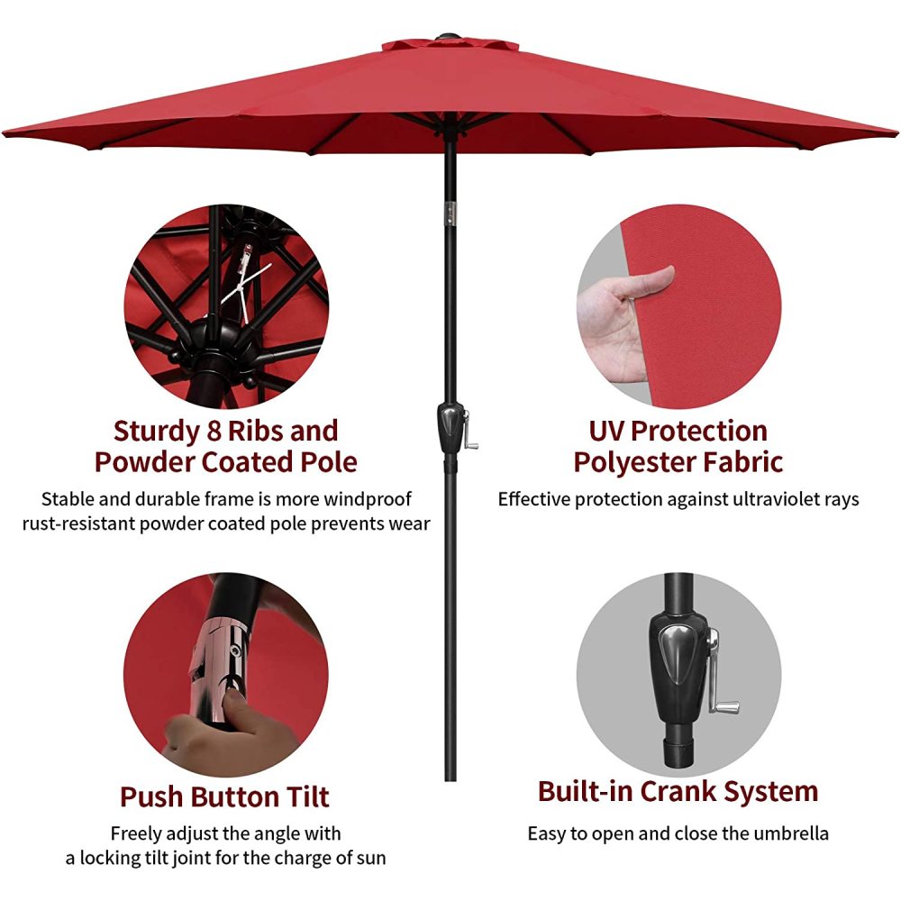 Simple Deluxe 9ft Outdoor Market Table Patio Umbrella with Button Tilt, Crank and 8 Sturdy Ribs for Garden, Red