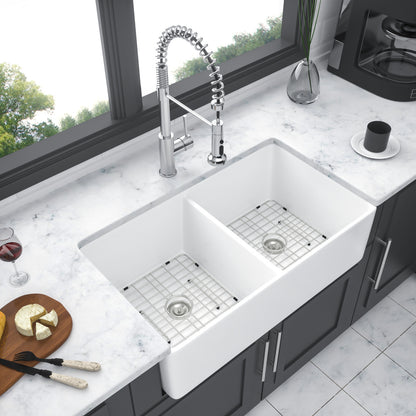 32" Undermount Double Bowl Ceramic Kitchen Sink - Dual Mount White Ceramic Rectangular Deep Double Bowl Sink Basin